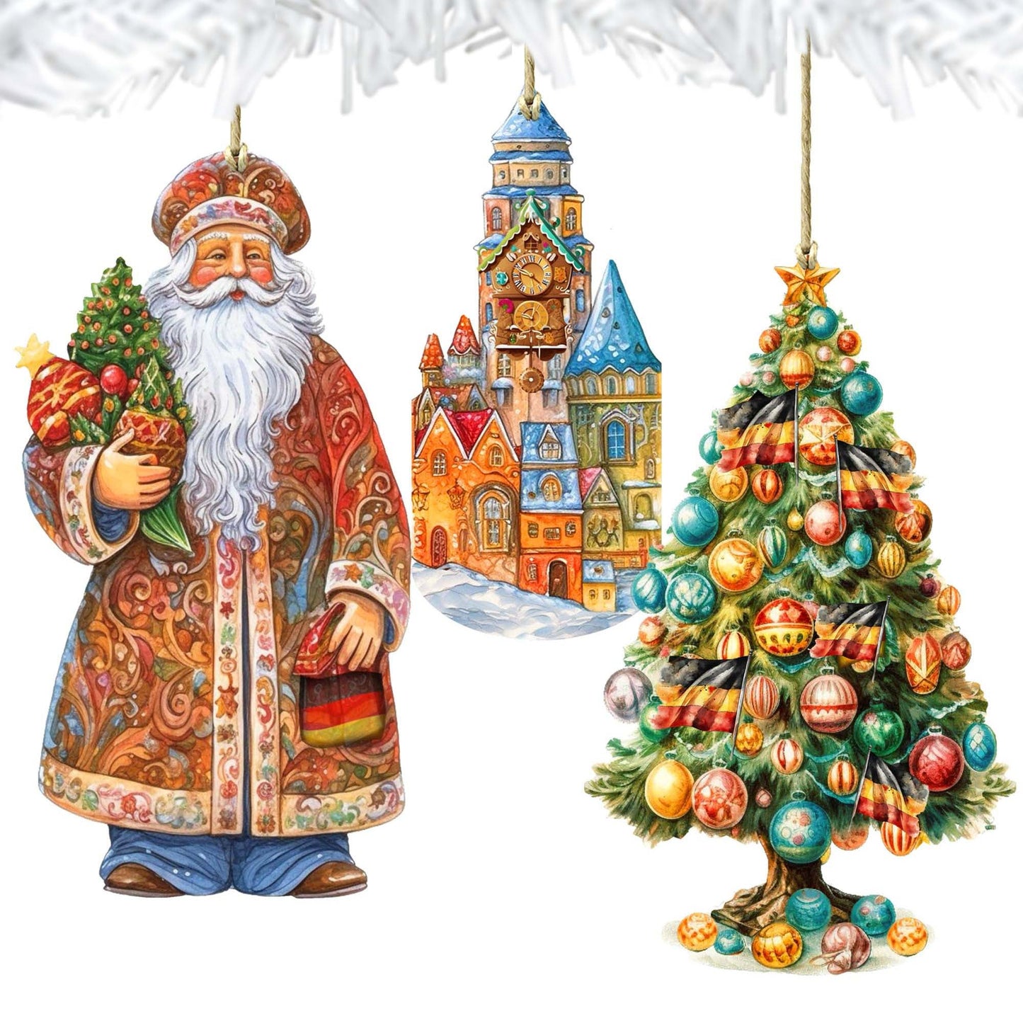 Santas Around the World - German Inspired Santa - Wooden Ornaments Set of 3 by G. DeBrekht Christmas Santa Snowman Decor - 8091304S3