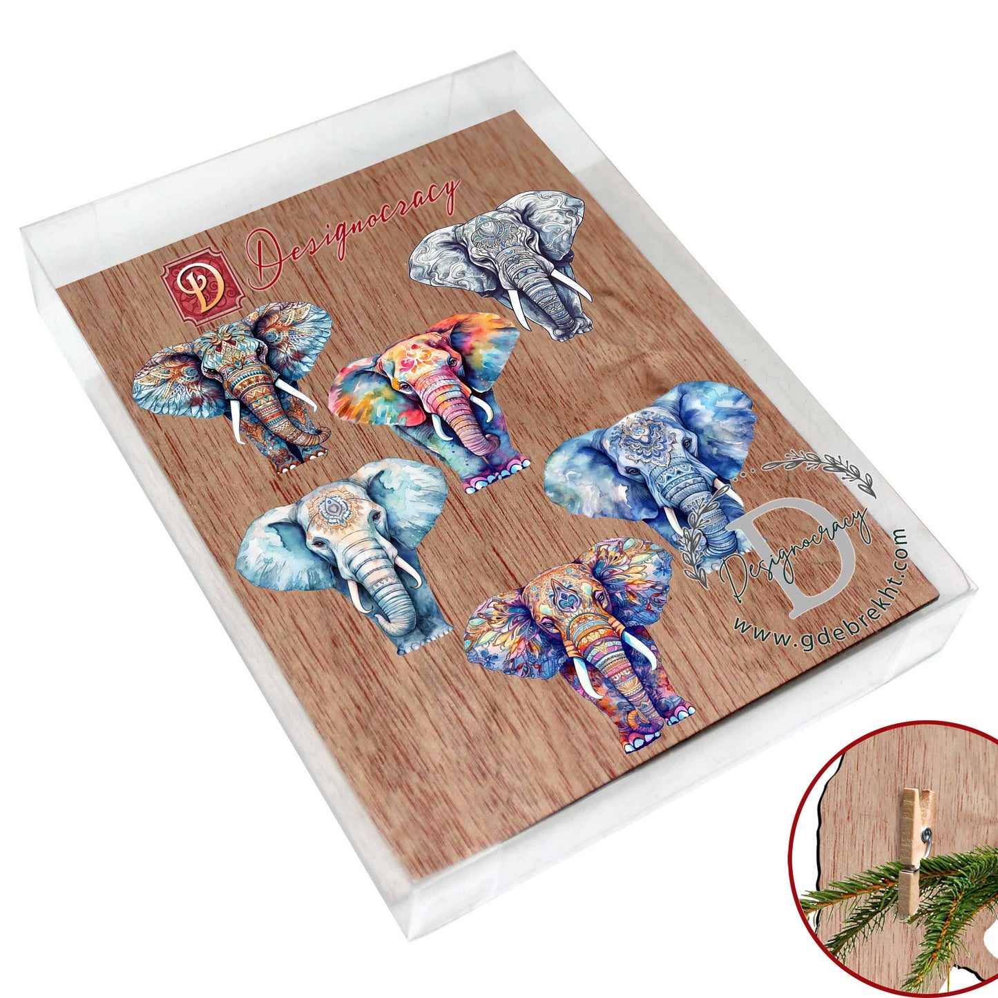 Elephants Decorative Wooden Clip-on Ornaments Set of 6 by G. Debrekht - Christmas Decor - 8090036C-S6