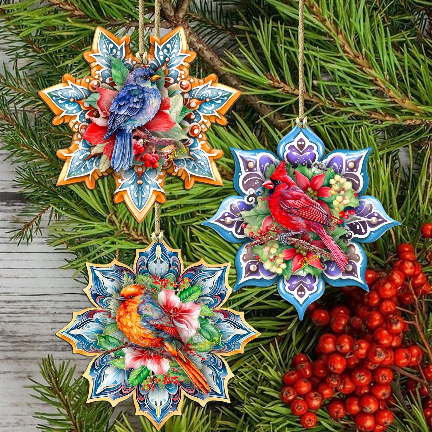 Forest Birds Snowflake Wooden Ornaments Set of 3 by G. Debrekht - Christmas Decor - 8090144-S3