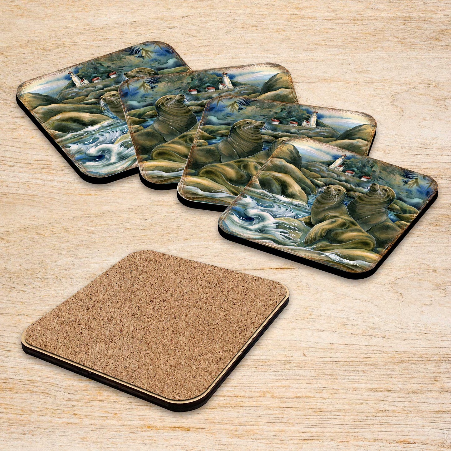 Lions of the Sea Wooden Cork Coasters Gift Set of 4 by J. Bergsma - Coastal Wildlife Decor  - 8199466C-S4