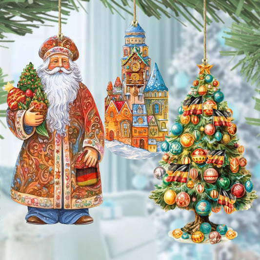 Santas Around the World - German Inspired Santa - Wooden Ornaments Set of 3 by G. DeBrekht Christmas Santa Snowman Decor - 8091304S3