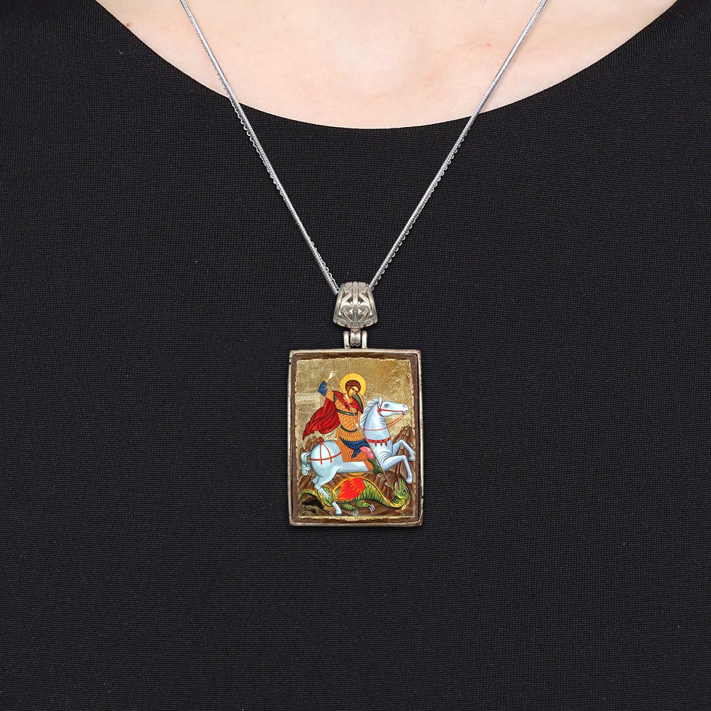 Saint George Religious Jewelry Silver Plated Necklace, Gold-Plated Wooden Cabochon - Orthodox Sacred Icon - Inspirational Icon Decor - 43013R