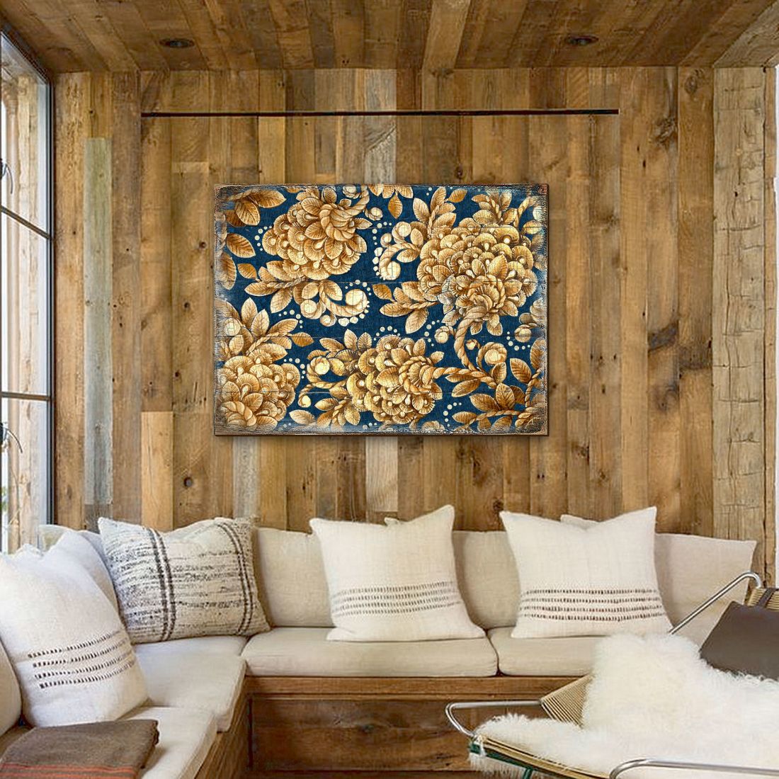 Gold Floral Art on Navy Blue Rustic Wooden Wall Art by G. DeBrekht - Floral Ornamental Decor - 95014B