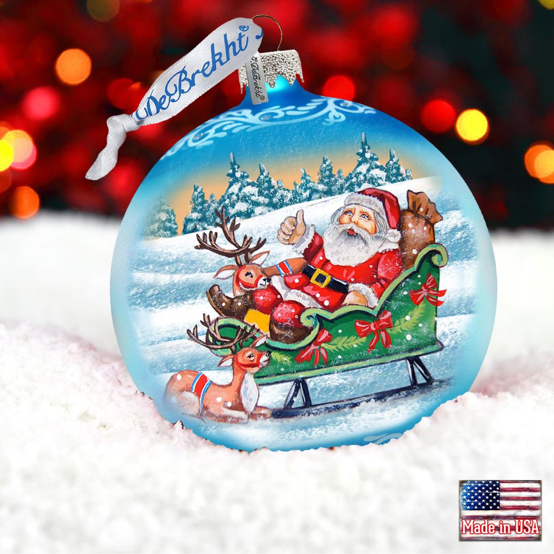 Reindeers Ride Santa Glass Ornament by G. DeBrekht - Christmas Santa Snowman Decor - 73363