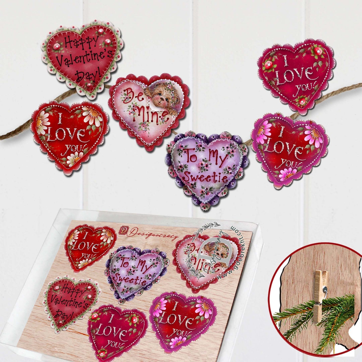 Hearts of Love Decorative Wooden Clip-on Ornaments Set of 6 - Family Love Decor - 8090128C-S6