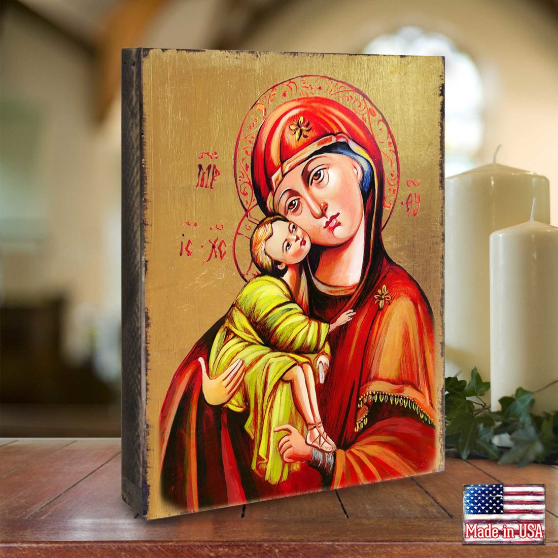 Vladimir Virgin Mary Wooden Gold Plated Religious Orthodox Sacred Icon - Inspirational Icon Decor - 85011