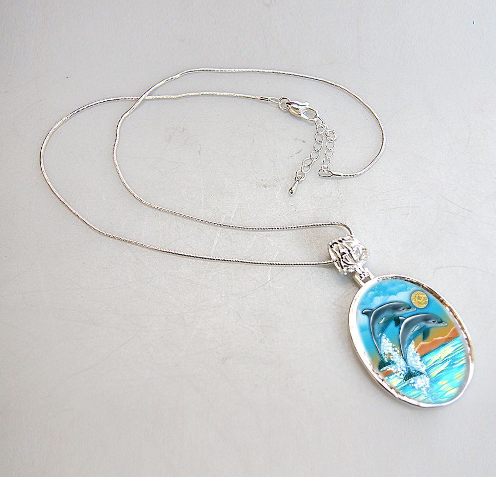 Flying Dolphins Silver Plated Jewelry Mother of Pearl Pendant Necklace - 44011