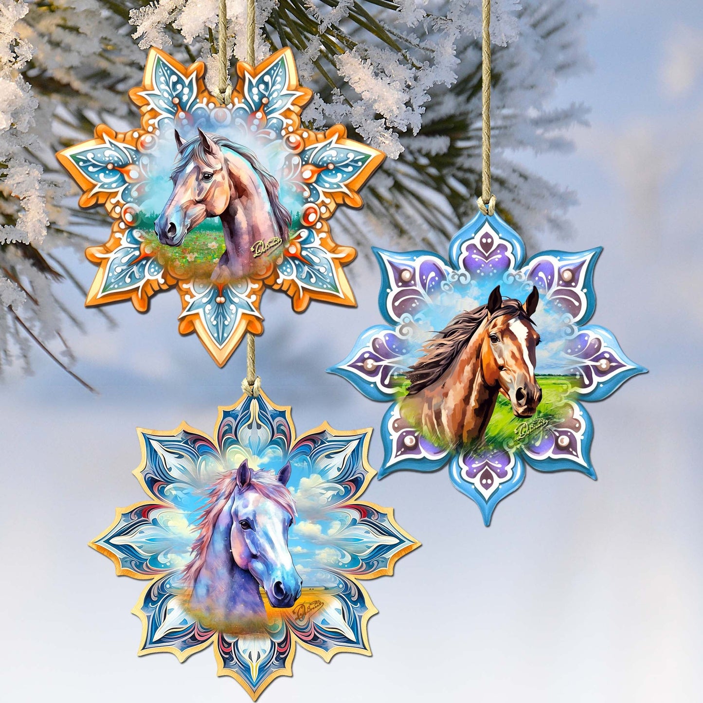 Horses Snowflake Wooden Ornaments Set of 3 by G. Debrekht - Nature Wildlife Decor - 8090151-S3