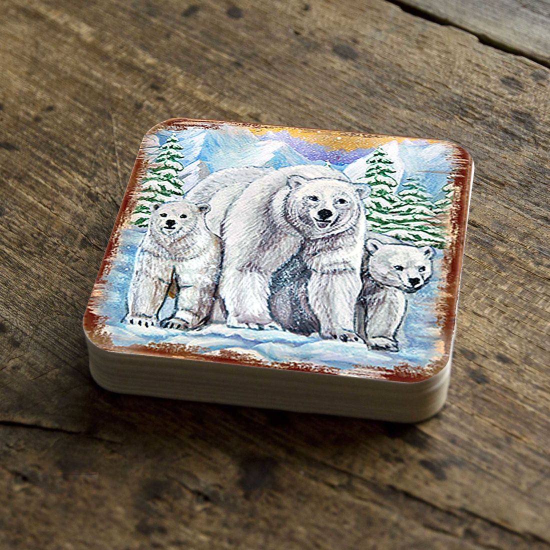 Polar Bear Family Wooden Cork Coasters Gift Set of 4 by Nature Wonders - Nature Wildlife Decor  - 95215C-S4