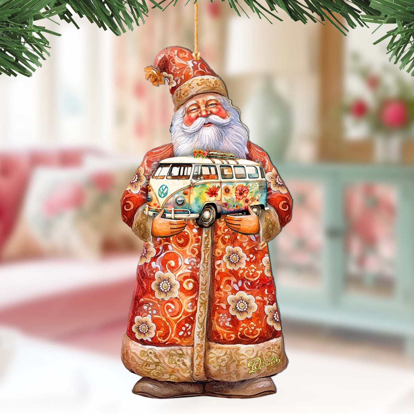 Santa with Van Wooden Ornaments by G. Debrekht - Christmas Santa Snowman Decor - 8691407