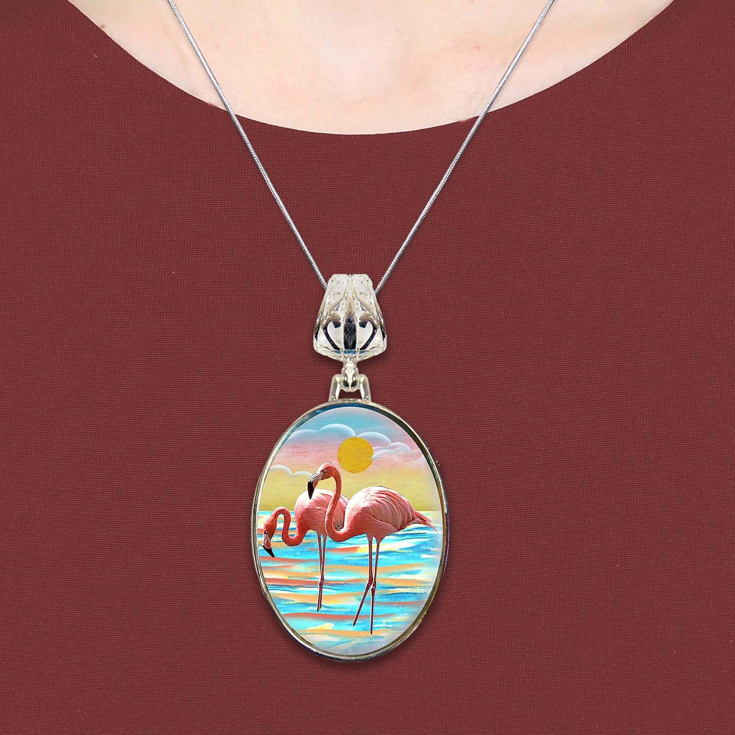 Flamingos Silver Plated Mother of Pearl Jewelry Pendant Necklace Coastal - 44046