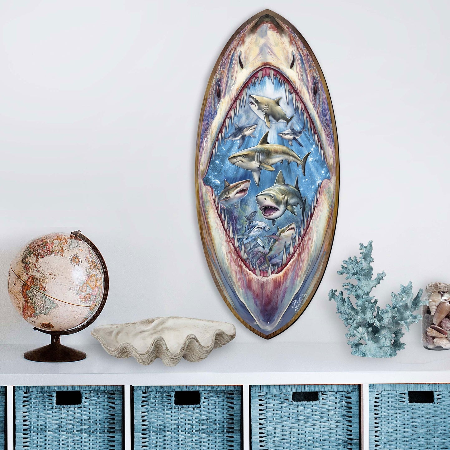 Shark Pull Coastal Surfboard Wall Art  Handcrafted Ocean Decor by G. DeBrekht - Coastal Holiday Decor - 8490138HS