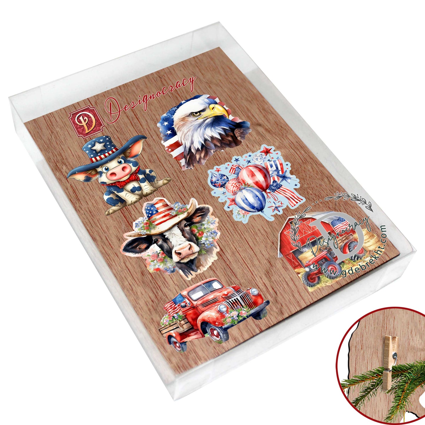 American flag Decorative Wooden Clip-on Ornaments of 6 by G. Debrekht - Patriotic Decor - 8090002C-S6