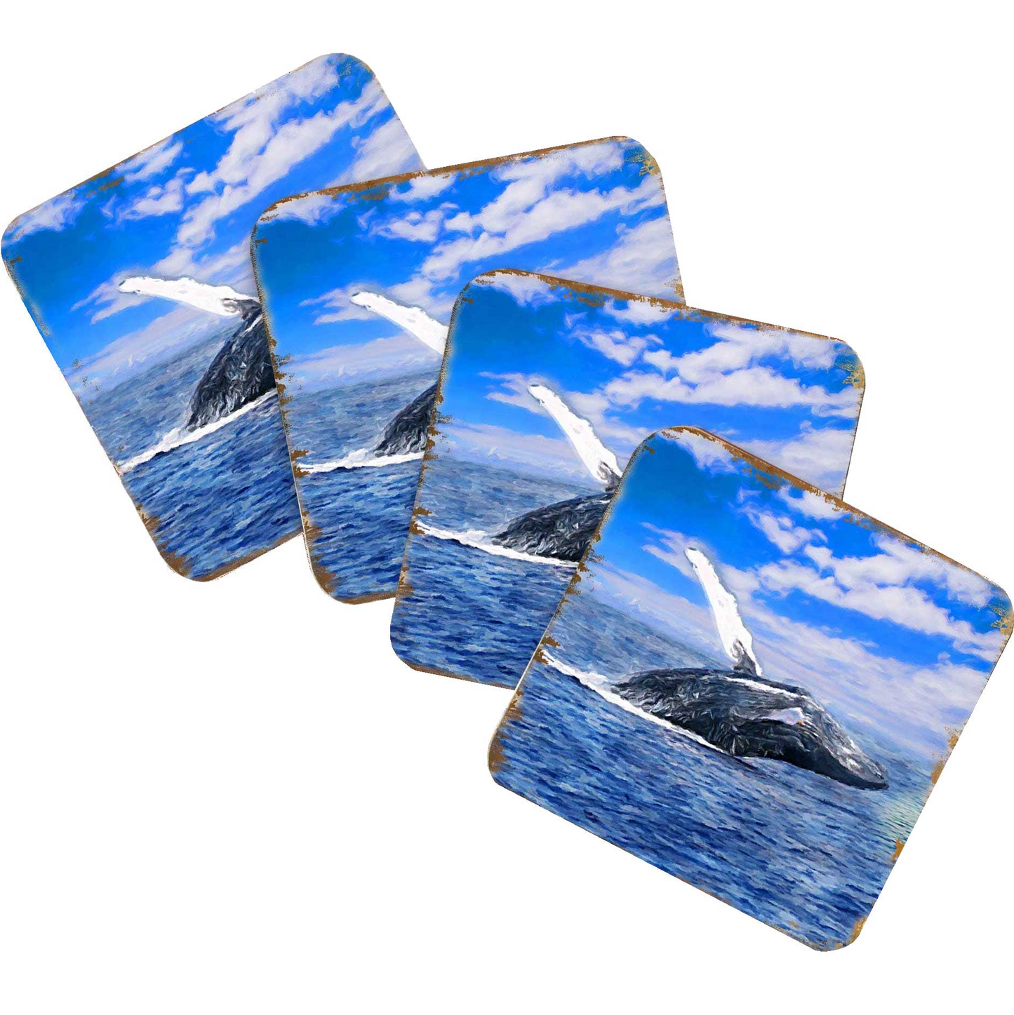 Whale Coastal Wooden Cork Coasters Gift Set of 4 by Nature Wonders - Coastal Sea-Life Decor - 95257C-S4