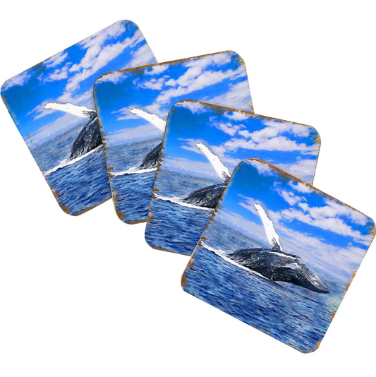 Whale Coastal Wooden Cork Coasters Gift Set of 4 by Nature Wonders - Coastal Sea-Life Decor - 95257C-S4
