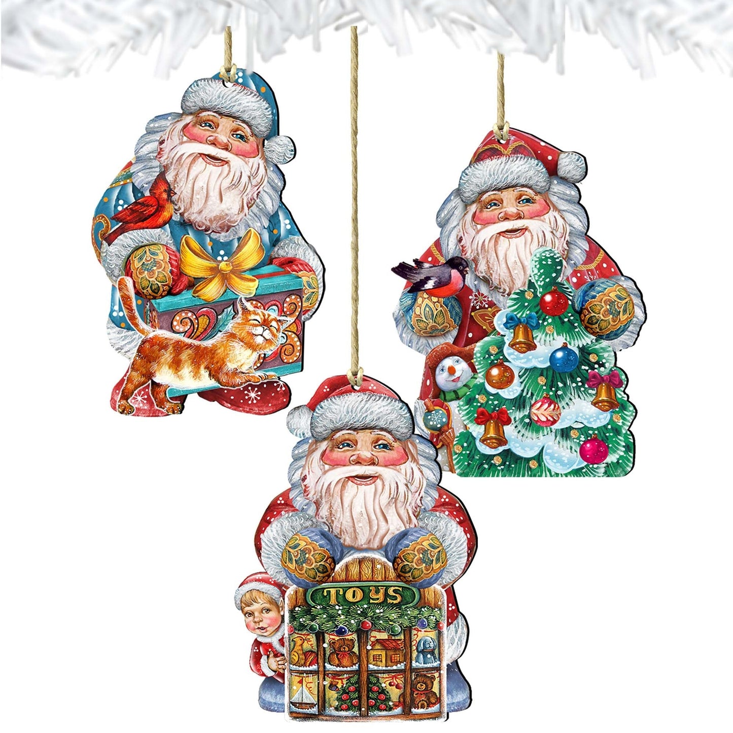 Gift Giving Santa Wooden Ornaments Set of 3 by G. DeBrekht - Christmas Santa Snowman Decor - 8100006S3