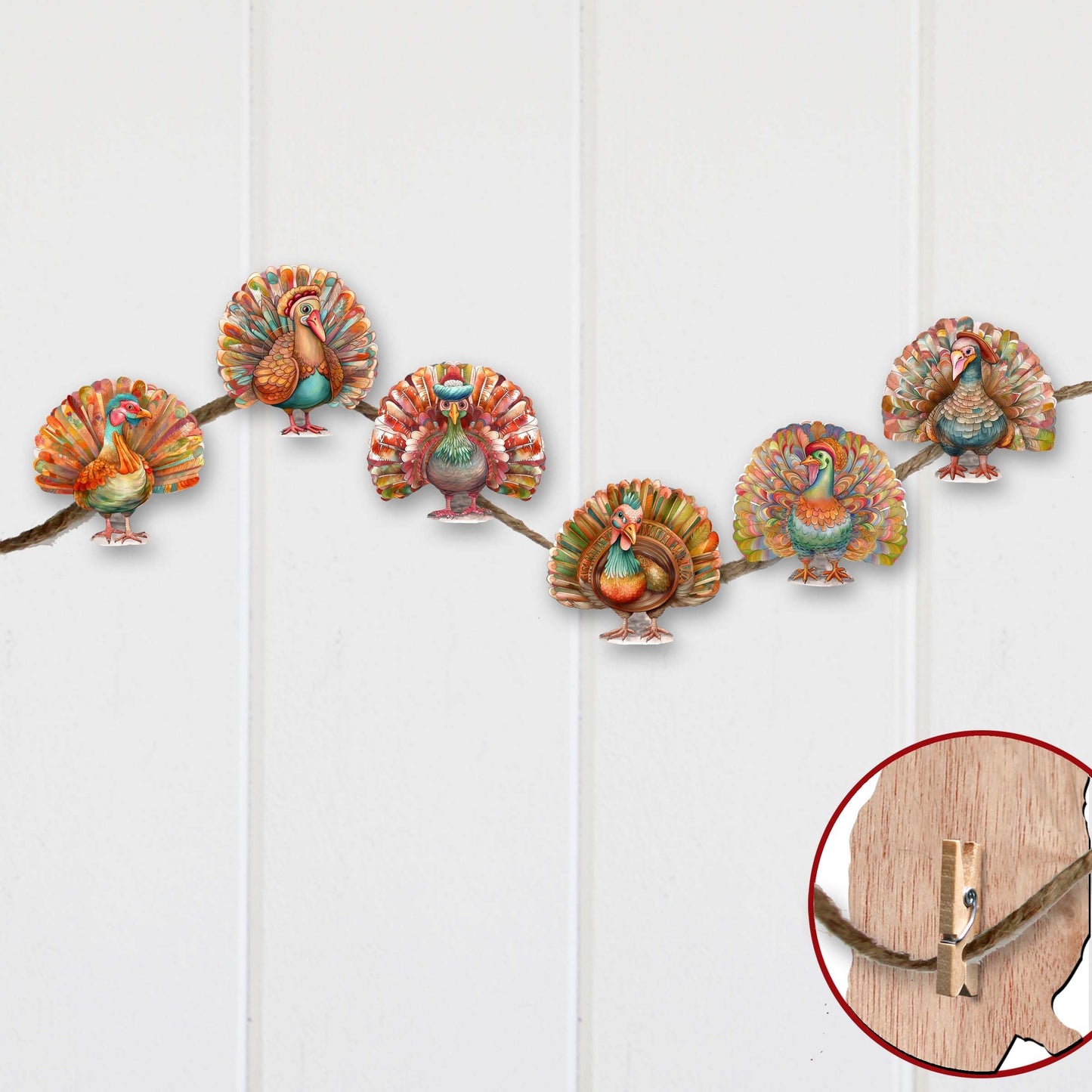 Turkey Decorative Wooden Clip-on Ornaments Set of 6 by G. Debrekht - Thanksgiving Decor - 8090027C-S6