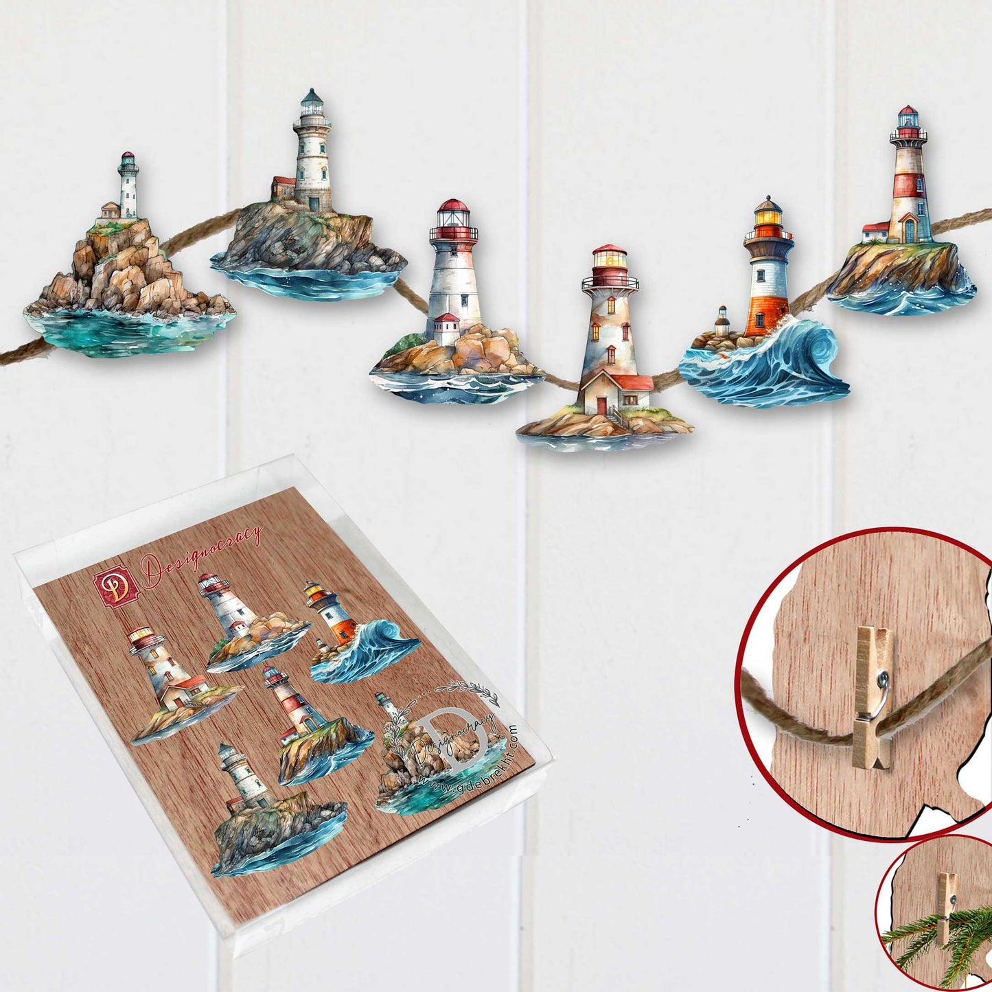 Lighthouse Decorative Wooden Clip-on Ornaments Set of 6 by G. Debrekht - Coastal Decor - 8090022C-S6
