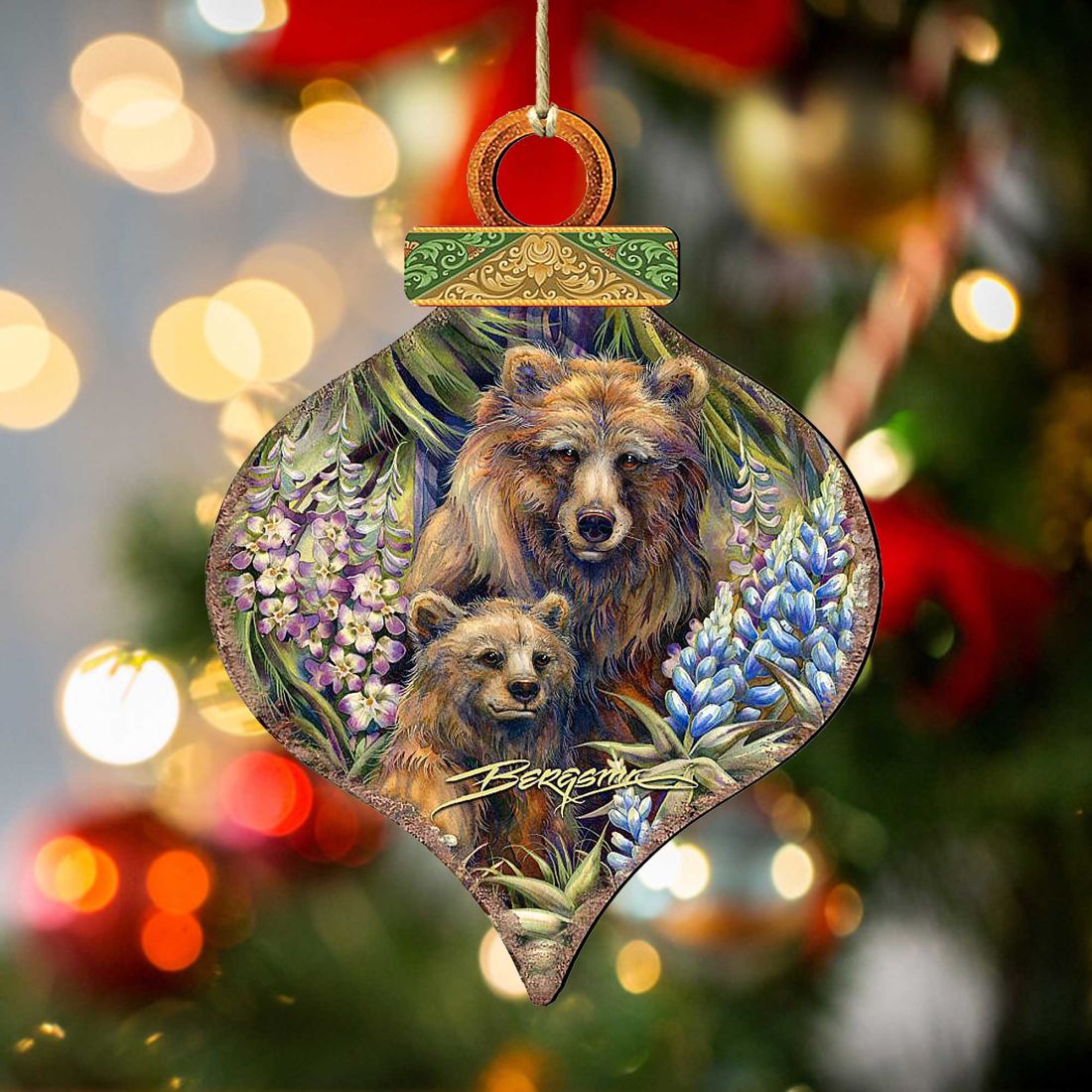 Grin Bear it Grizzly Mother Cub Wooden Ornaments by J. Bergsma - Wildlife Holiday Decor - 8591947-JB