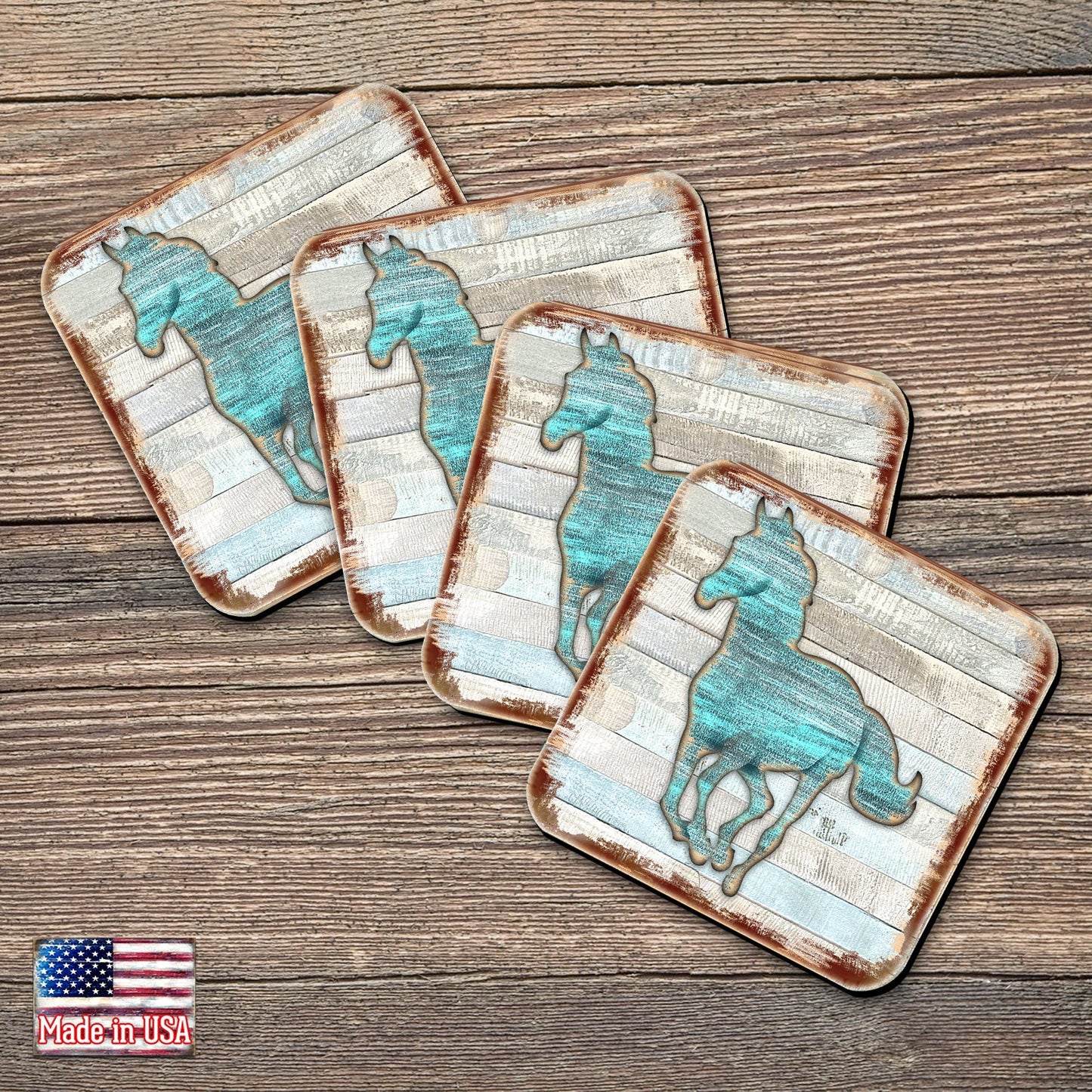 Horse Wooden Cork Coasters Gift Set of 4 by Nature Wonders - 8198157-9C