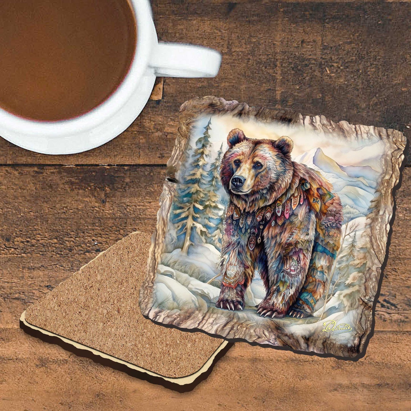 Grizzly Bear Wooden Cork Coasters Gift Set of 4 by Nature Wonders Nature Wildlife Decor  - 95397C-S4
