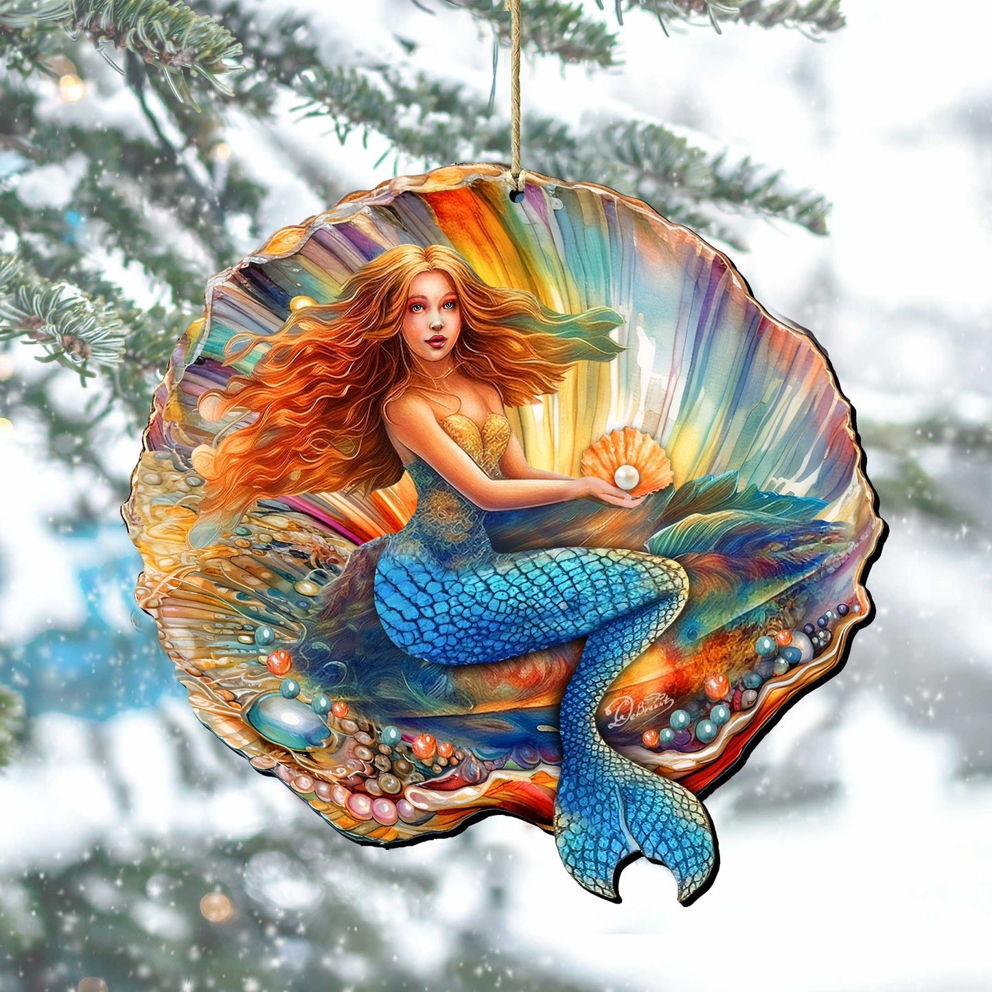 Nautical Christmas Decor - Mermaid in the Shell Wooden Ornaments by G.Debrekht Coastal Holiday Decor - 8688200