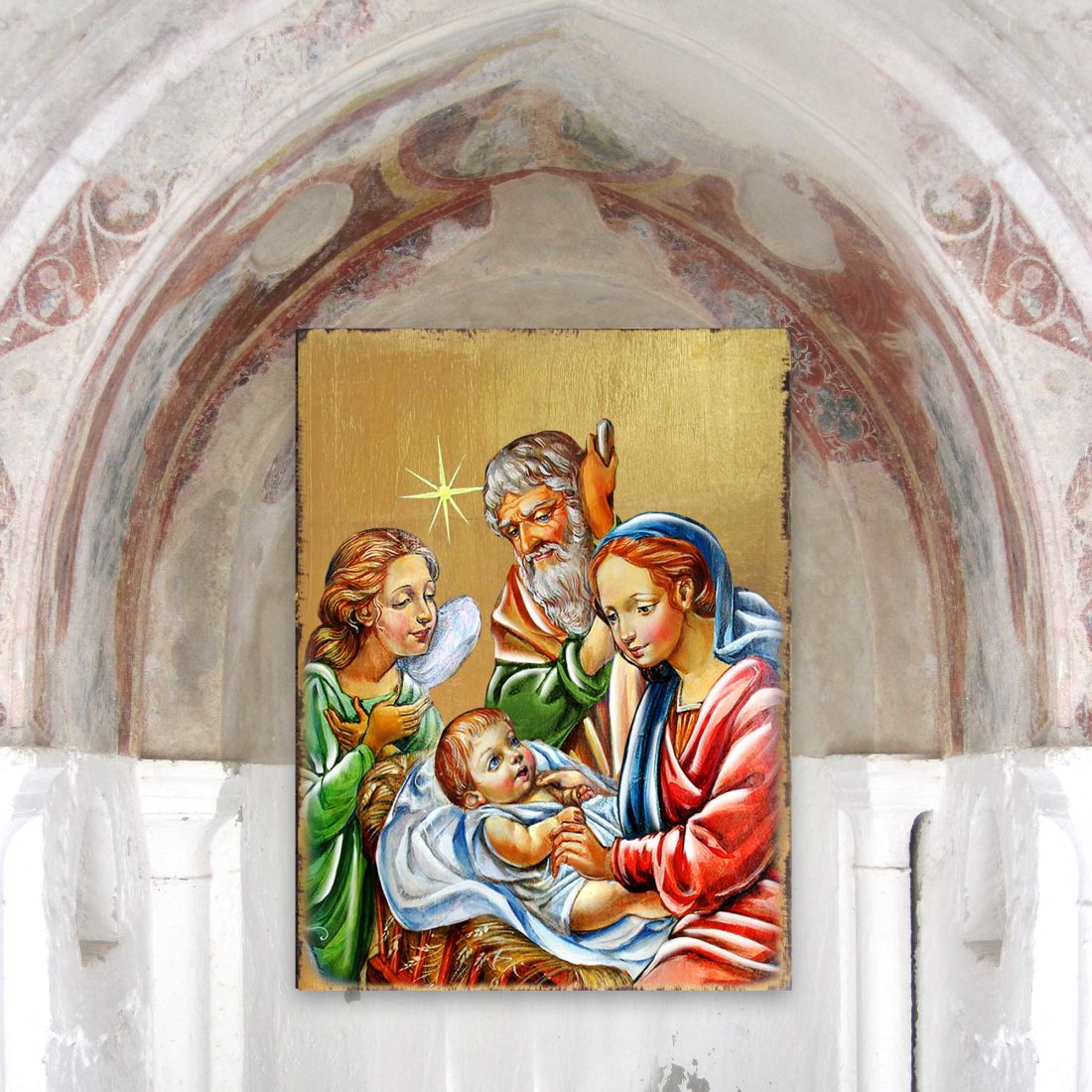 Nativity with Angel Wooden Gold Plated Religious Christian Sacred Icon - Inspirational Icon Decor - 85049