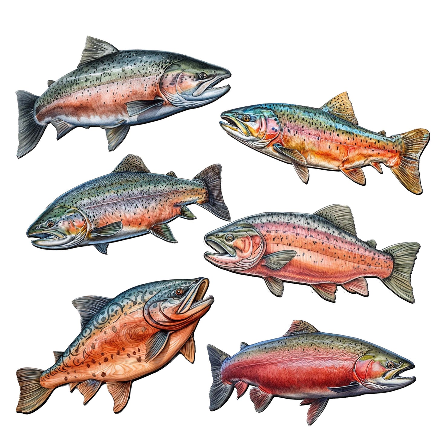 Wild Salmon Tales Decorative Wooden Magnets Set of 6 by G. Debrekht - Wildlife Coastal Decor - 8090109G-S6