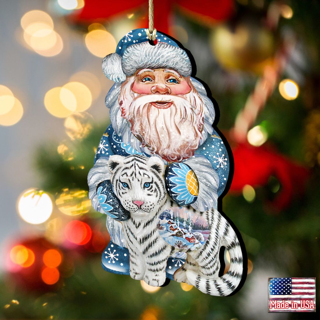 White Tiger Santa Wooden Ornaments by G. DeBrekht - Christmas Santa Snowman Decor - 8118091