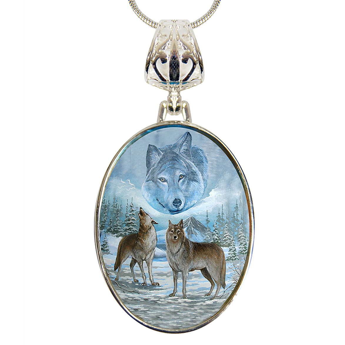 Sky Wolves Howling Silver Plated Mother of Pearl Jewelry Pendant Necklace - 44035