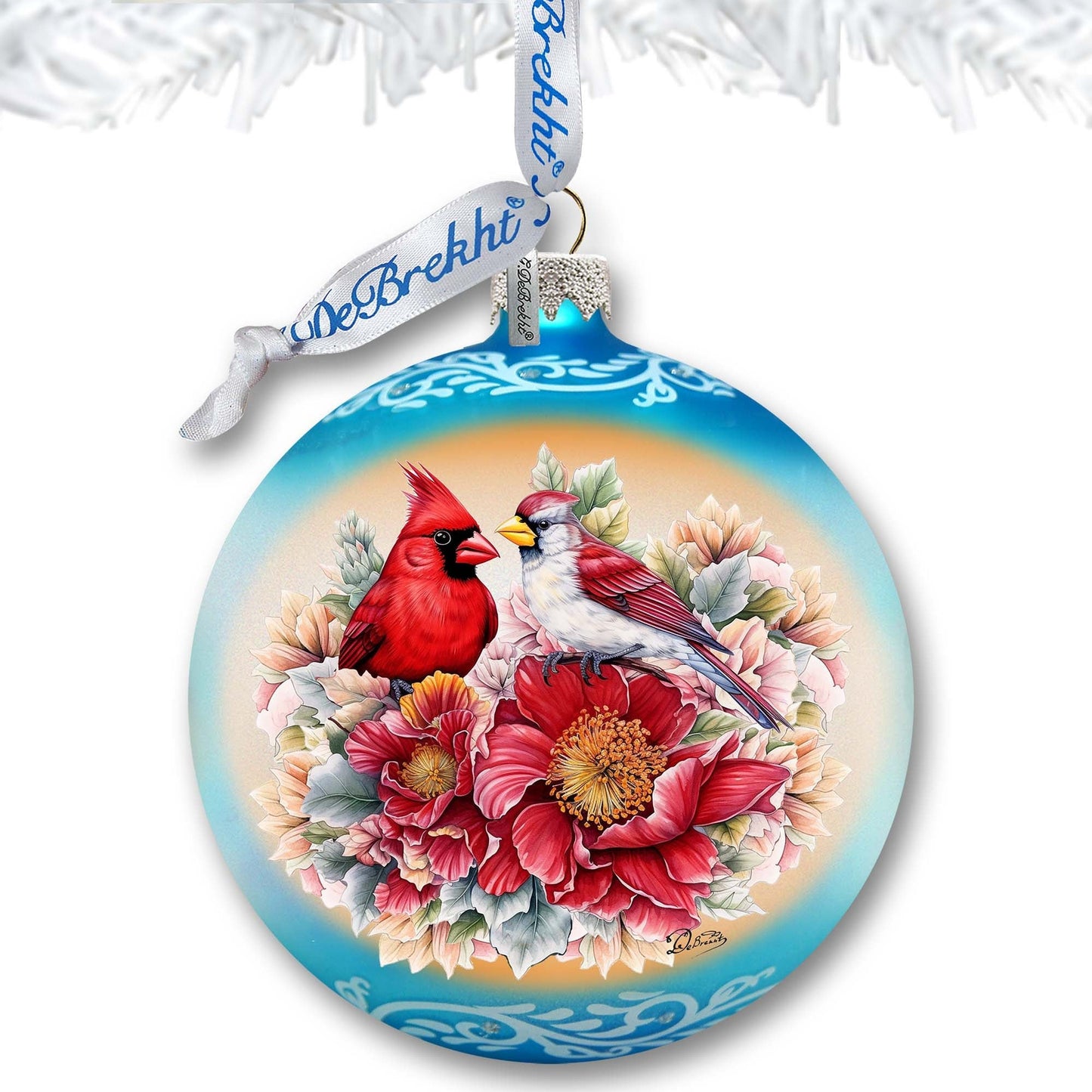Romantic Cardinals Ball Glass Ornament by G. Debrekht - Christmas Decor - 73378