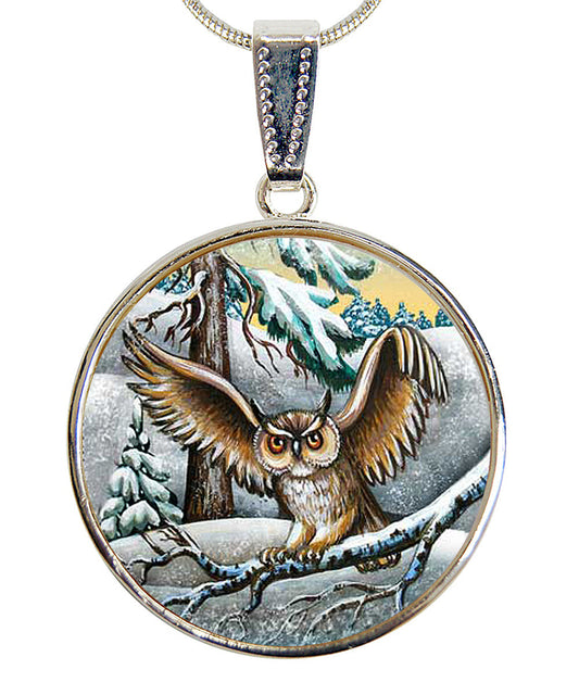 Fluttering Owl Silver Plated Mother of Pearl Jewelry Necklace - 44012