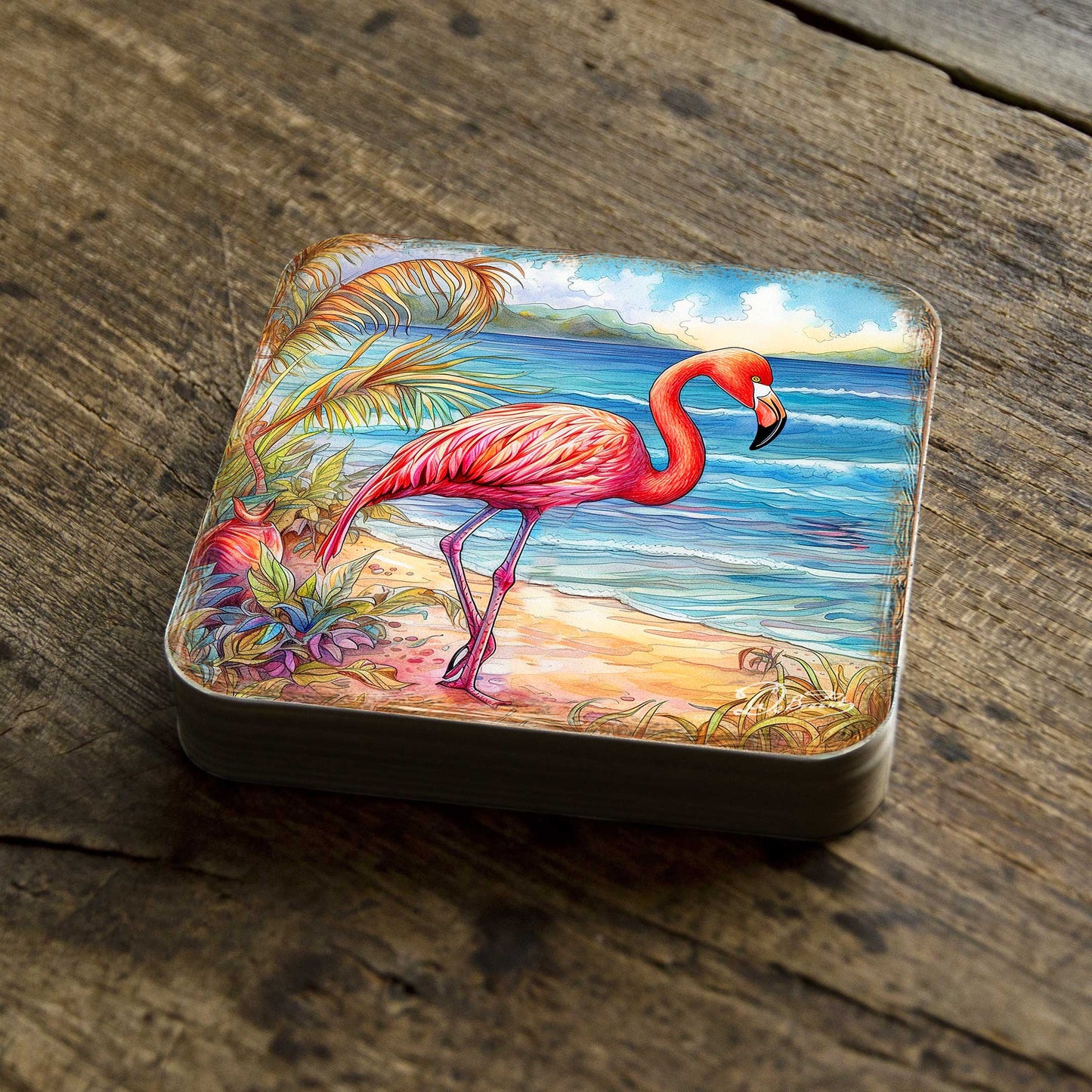Pink Flamingo Wooden Cork Coasters Gift Set of 4 by G. Debrekht - Coastal Decor  - 8199440C-S4