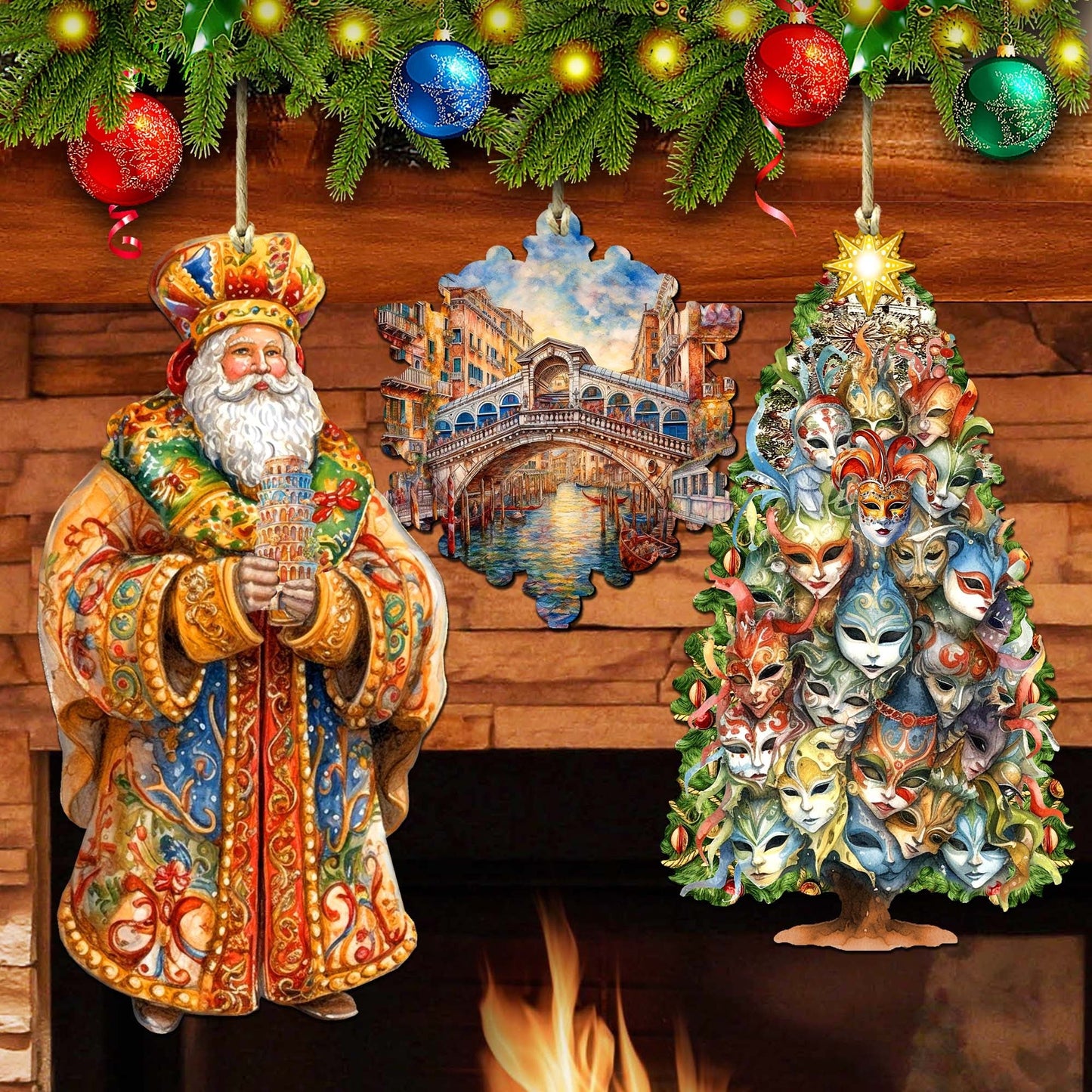 Santas Around the World - Italian Inspired Santa - Wooden Ornaments Set of 3 by G. DeBrekht Christmas Santa Snowman Decor - 8091307S3