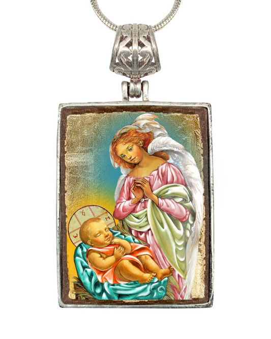 Blessing Angels Religious Jewelry Silver Plated Necklace, Gold-Plated Wooden Cabochon - Christian Sacred Icon - Inspirational Icon Decor - 43028R