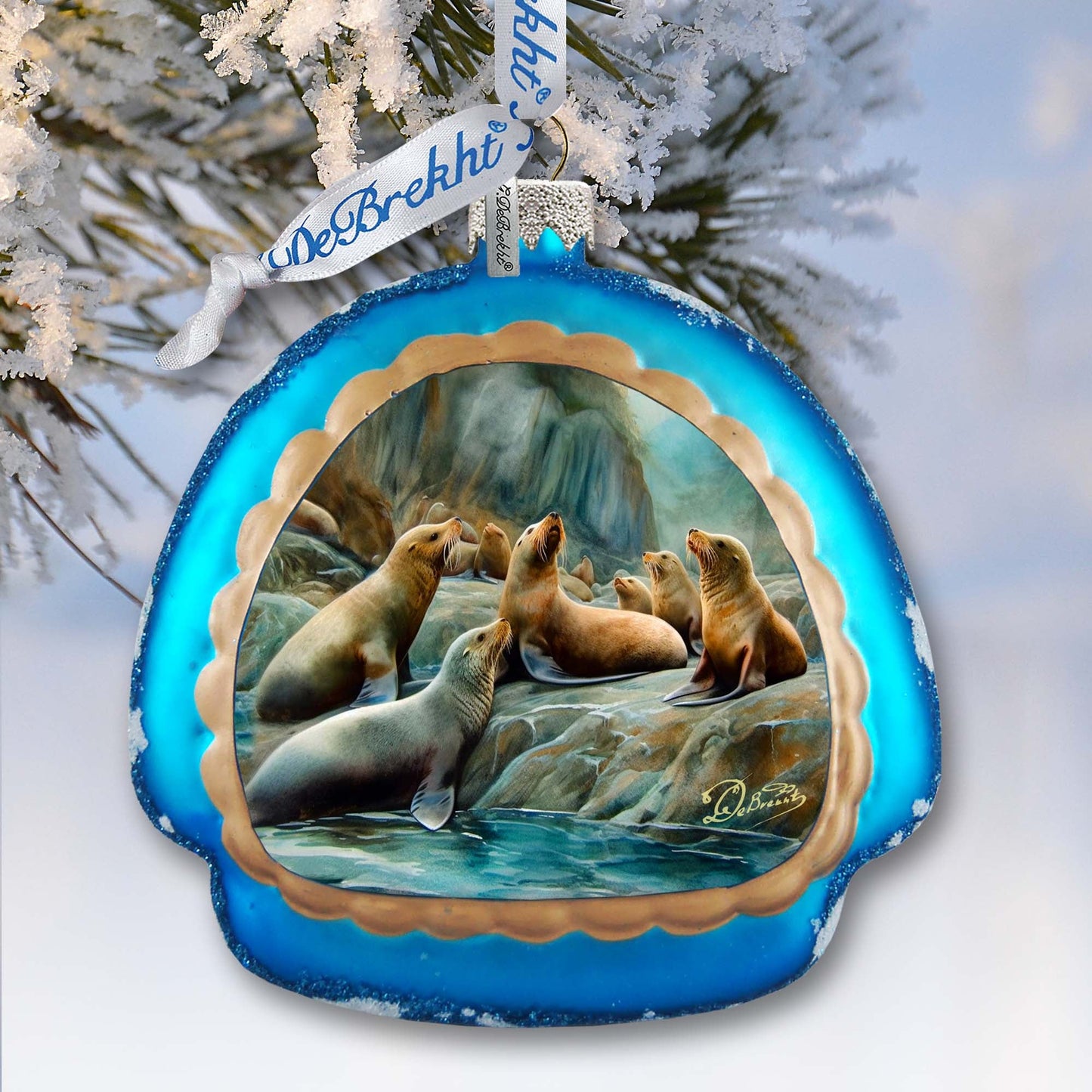 Coastal Sea Lions Rainbow Glass Ornament by G. Debrekht - Wildlife Holiday Décor - 756-023