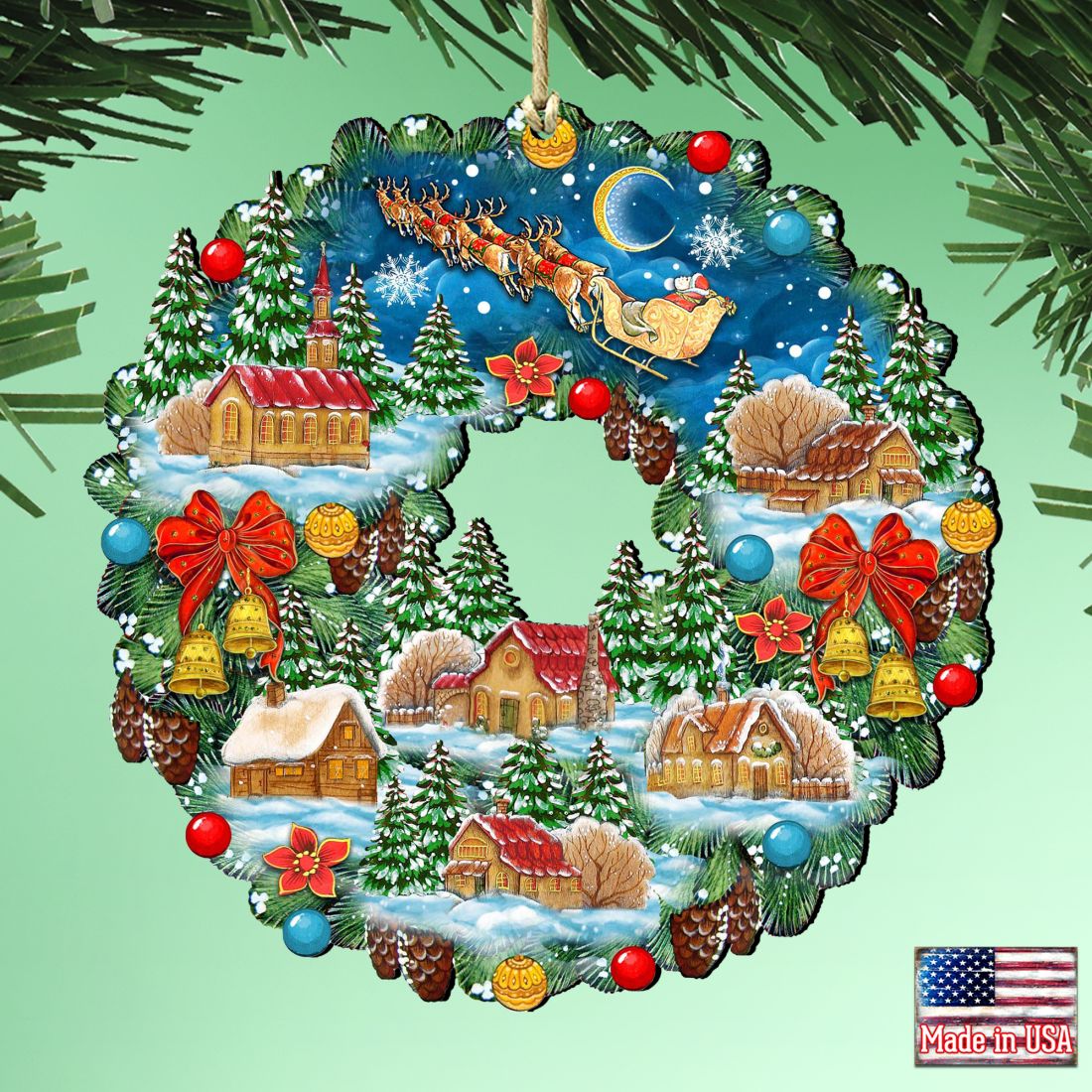 Up-Up Wreath Wooden Ornaments by G. DeBrekht - Christmas Santa Snowman Decor - 8185315