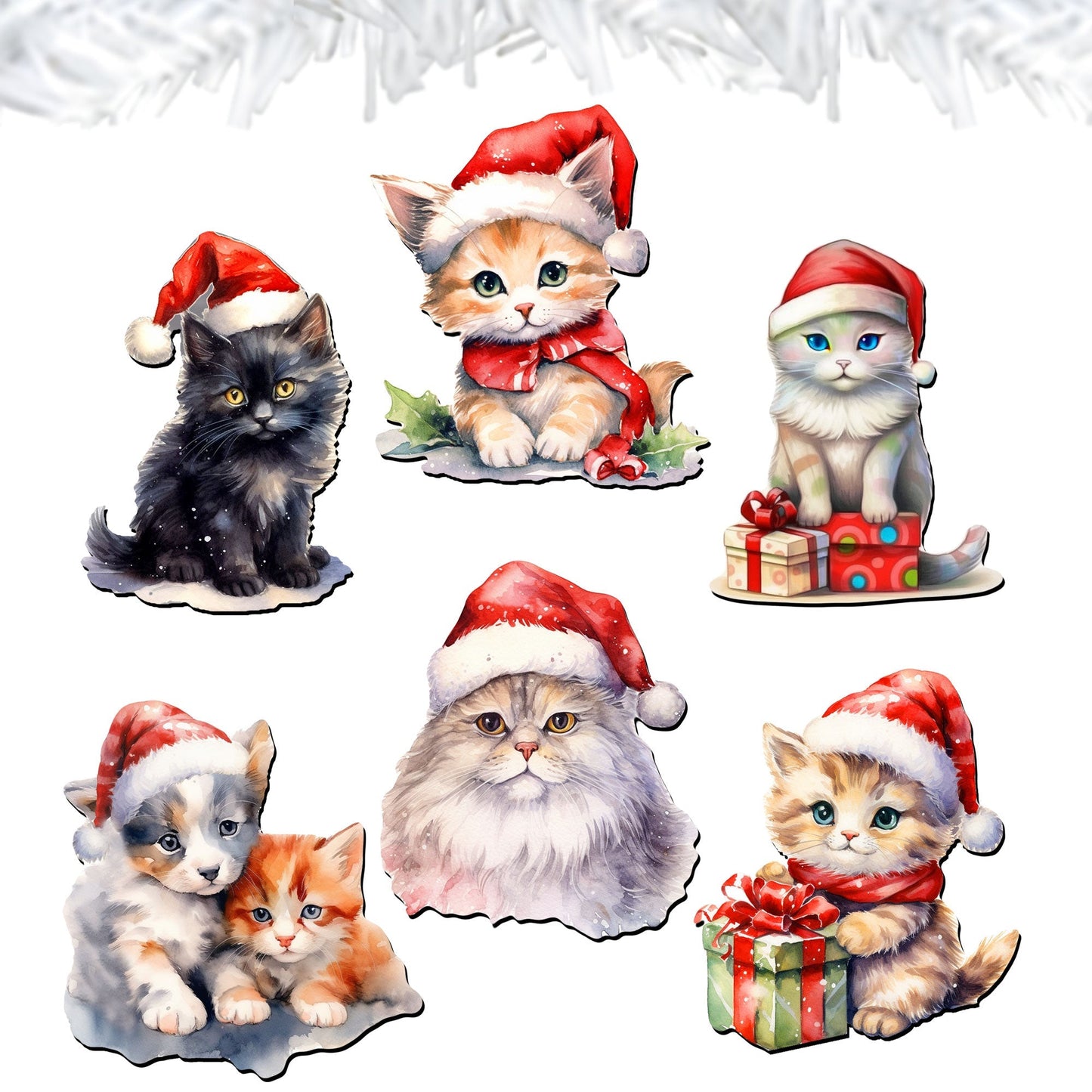 Christmas Cats Decorative Wooden Clip-on Ornaments of 6 by G. Debrekht - Christmas Decor - 8090016C-S6