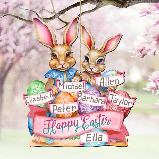 Personalized Easter Ornaments, Personalized Gift, Easter Basket Tag - Happy Easter Bunnies Family Name Wooden Ornaments by G. Debrekht Easter Spring Decor - 8652782P7