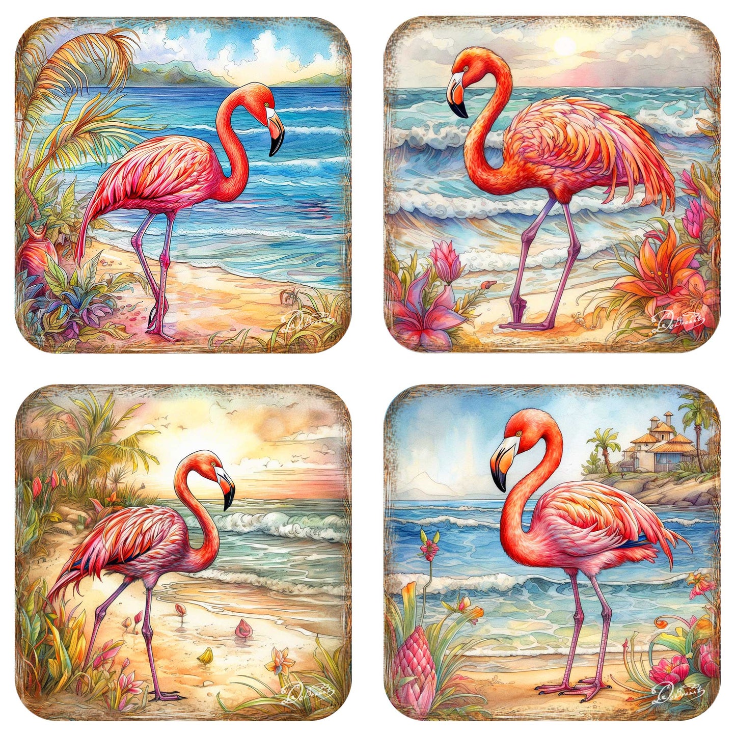 Pink Flamingo Wooden Cork Coasters Gift Set of 4 by G. Debrekht - Coastal Decor  - 8199440C-S4