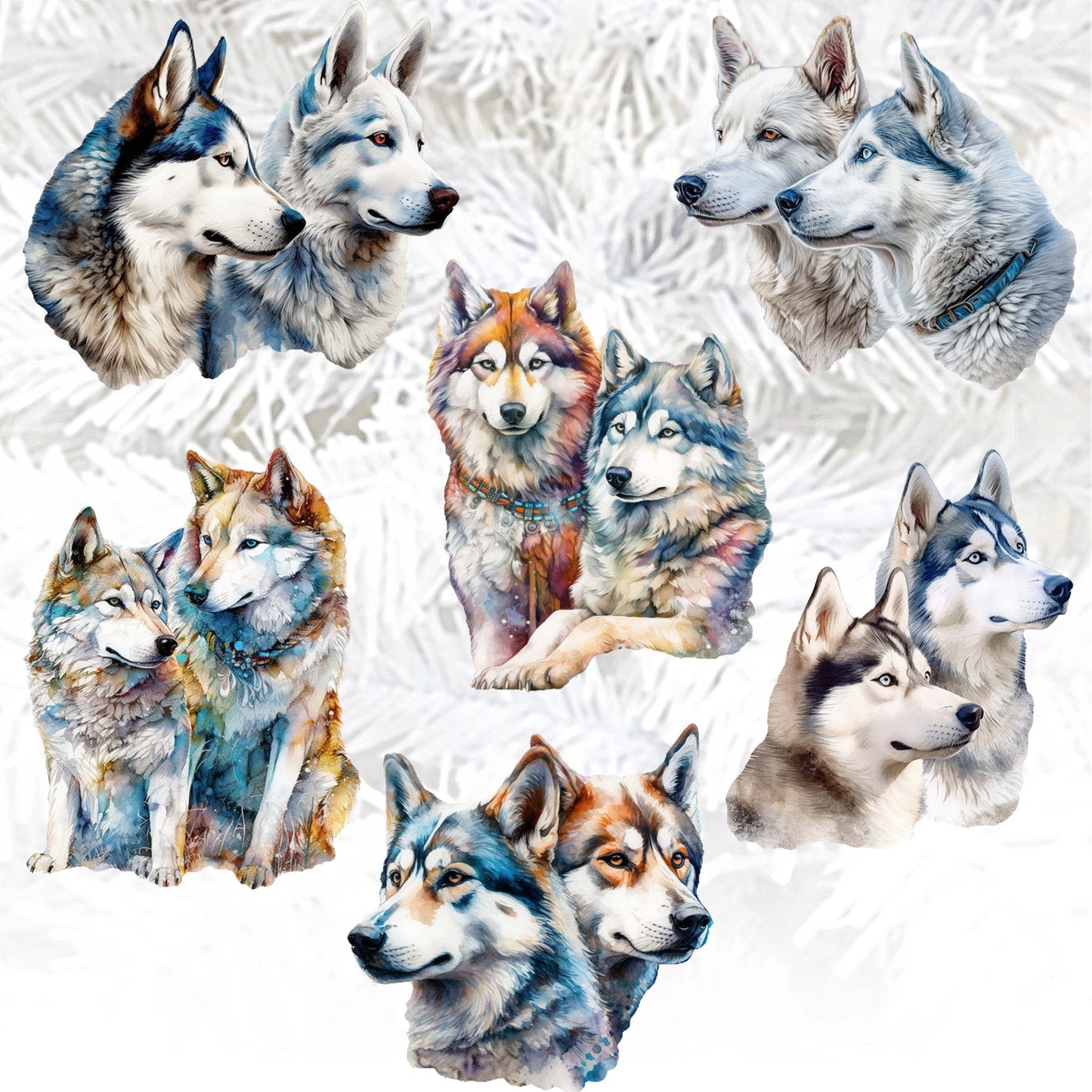 The Graceful Huskies Decorative Wooden Clip-on Ornaments Set of 6 by G. Debrekht - Wildlife Décor - 8090115C-S6