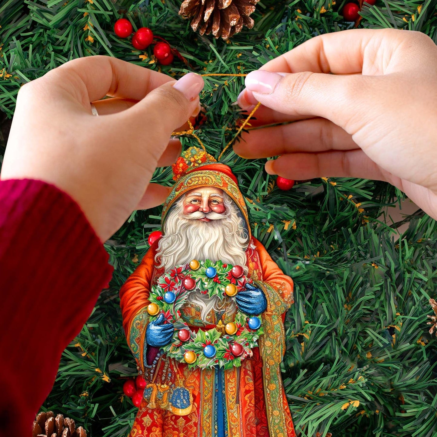 Santa's Wreath of Joy Wooden Ornaments by G. Debrekht - Christmas Santa Snowman Decor - 8691402