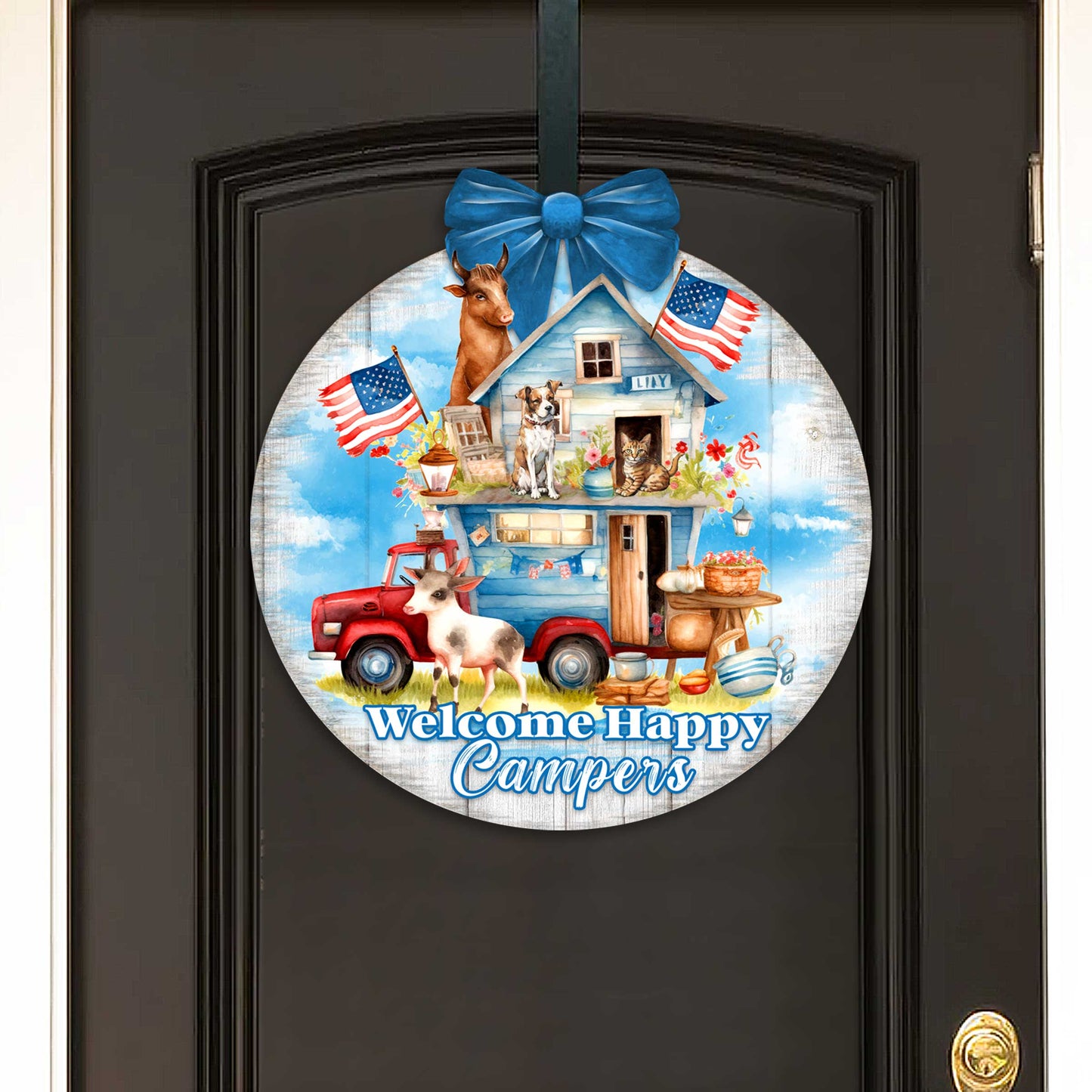 Welcome Happy Campers Sign Front door welcome sign Main entrance banner Welcome sign - Wooden front porch decor - 933114H