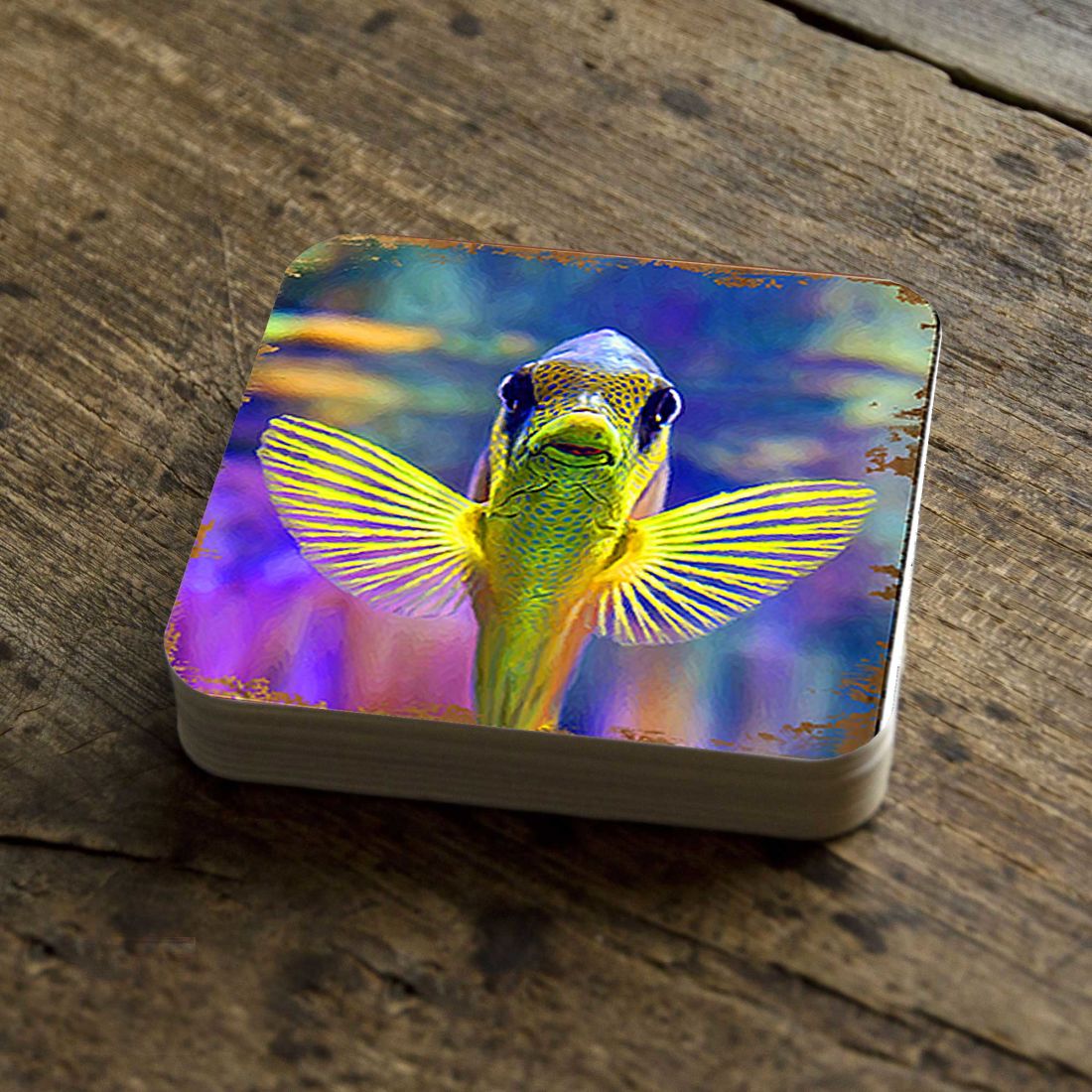 Tropical Fish Coastal Wooden Cork Coasters Gift Set of 4 by Nature Wonders - Coastal Sea-Life Decor - 95263C-S4