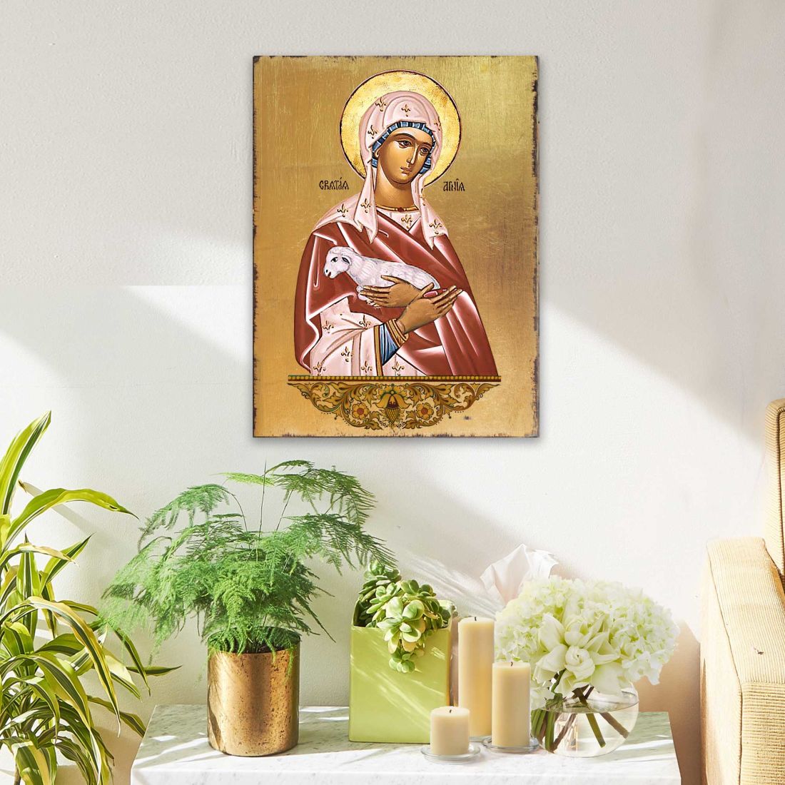 Saint Agnia Wooden Gold Plated Religious Christian Sacred Icon - Inspirational Icon Decor - 85025