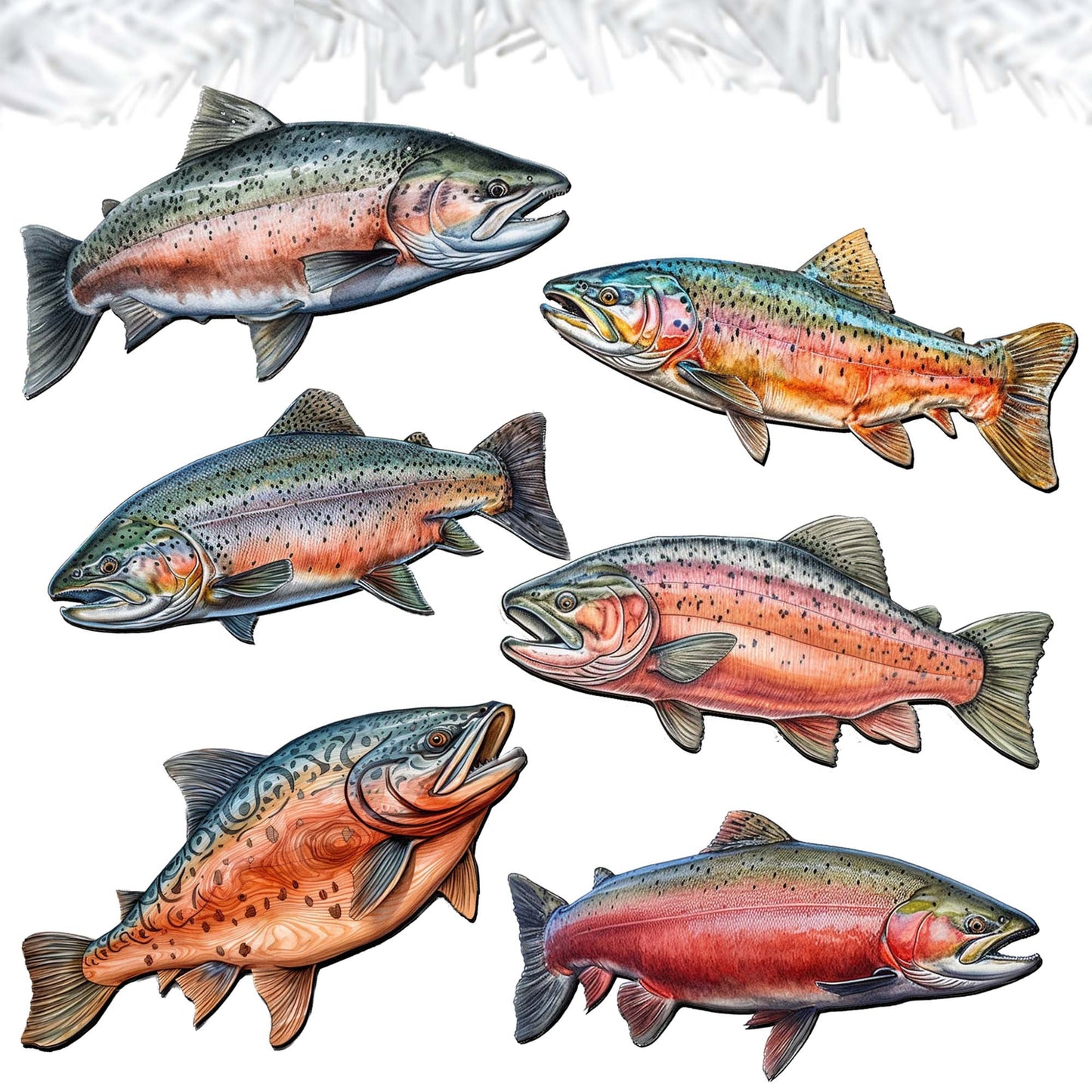 Wild Salmon Tales Decorative Wooden Clip-on Ornaments Set of 6 by G. Debrekht - Wildlife Decor - 8090109C-S6