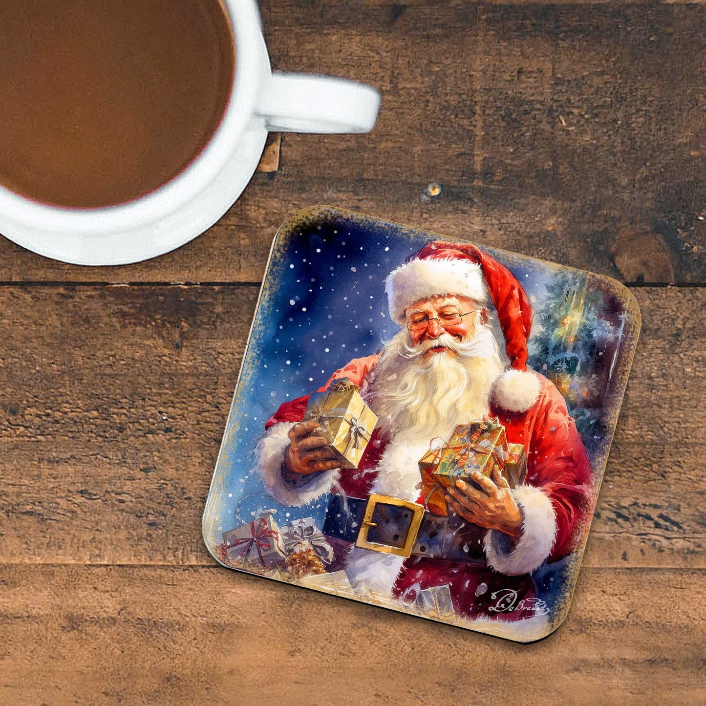 Santa Claus Wooden Cork Coasters Gift Set of 4 by G. Debrekht - Santa Christmas Decor  - 8199442C-S4