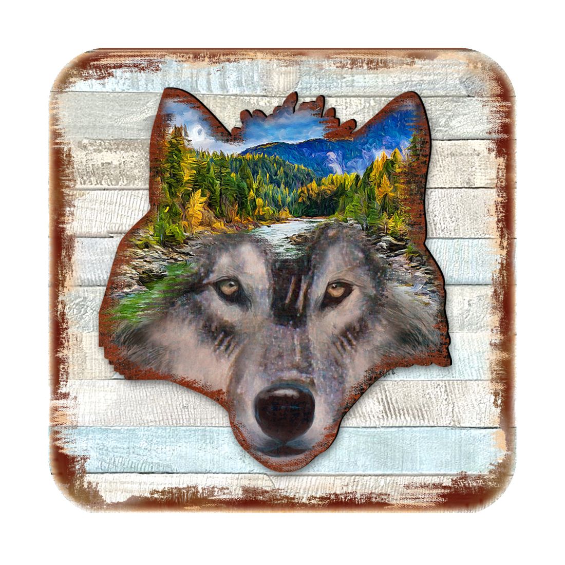Wolf Face Wooden Cork Coasters Gift Set of 4 by Nature Wonders - Nature Wildlife Decor  - 8198227-4-9C-S4