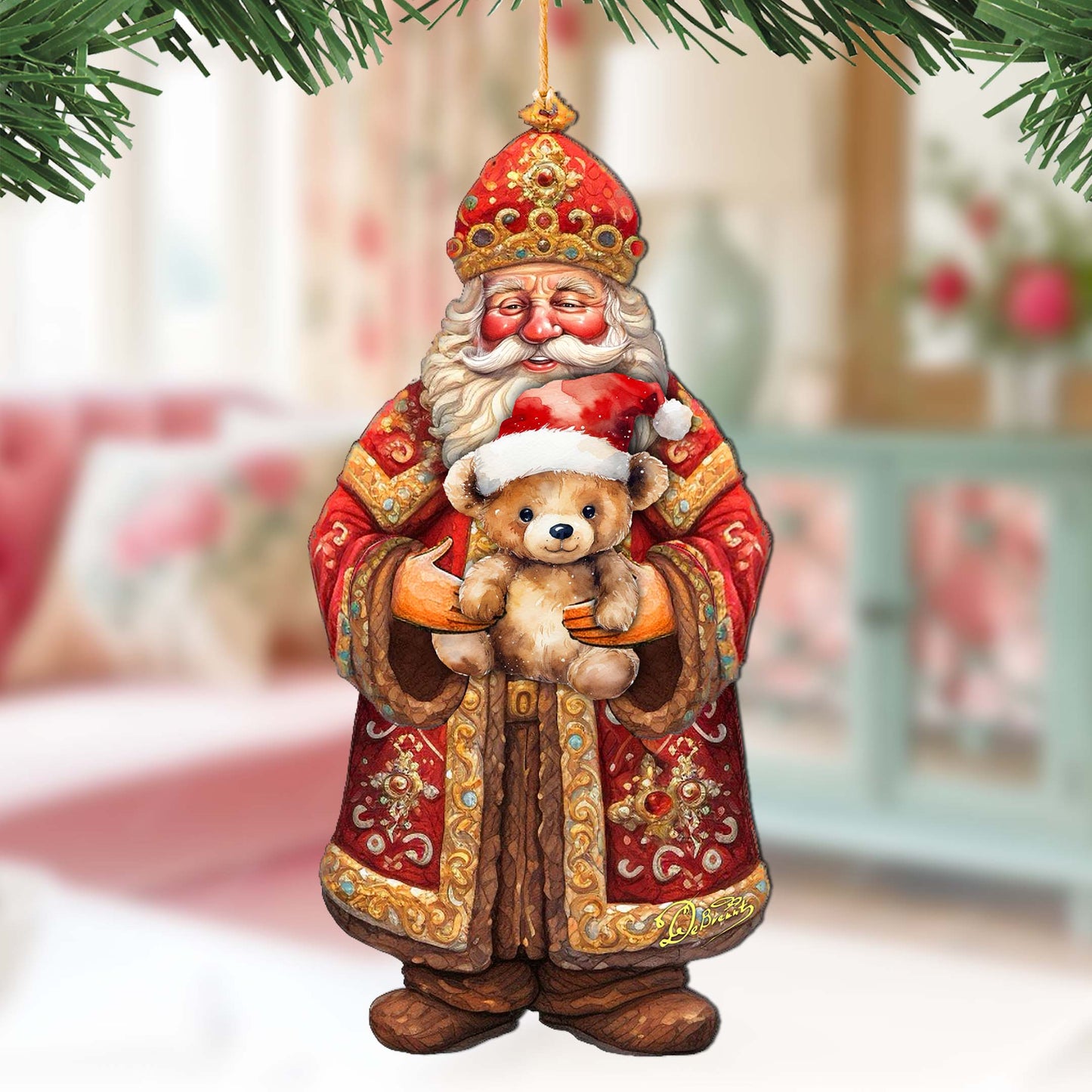Santa's Teddy Bear Hug Wooden Ornaments by G. Debrekht - Christmas Santa Snowman Decor - 8691415