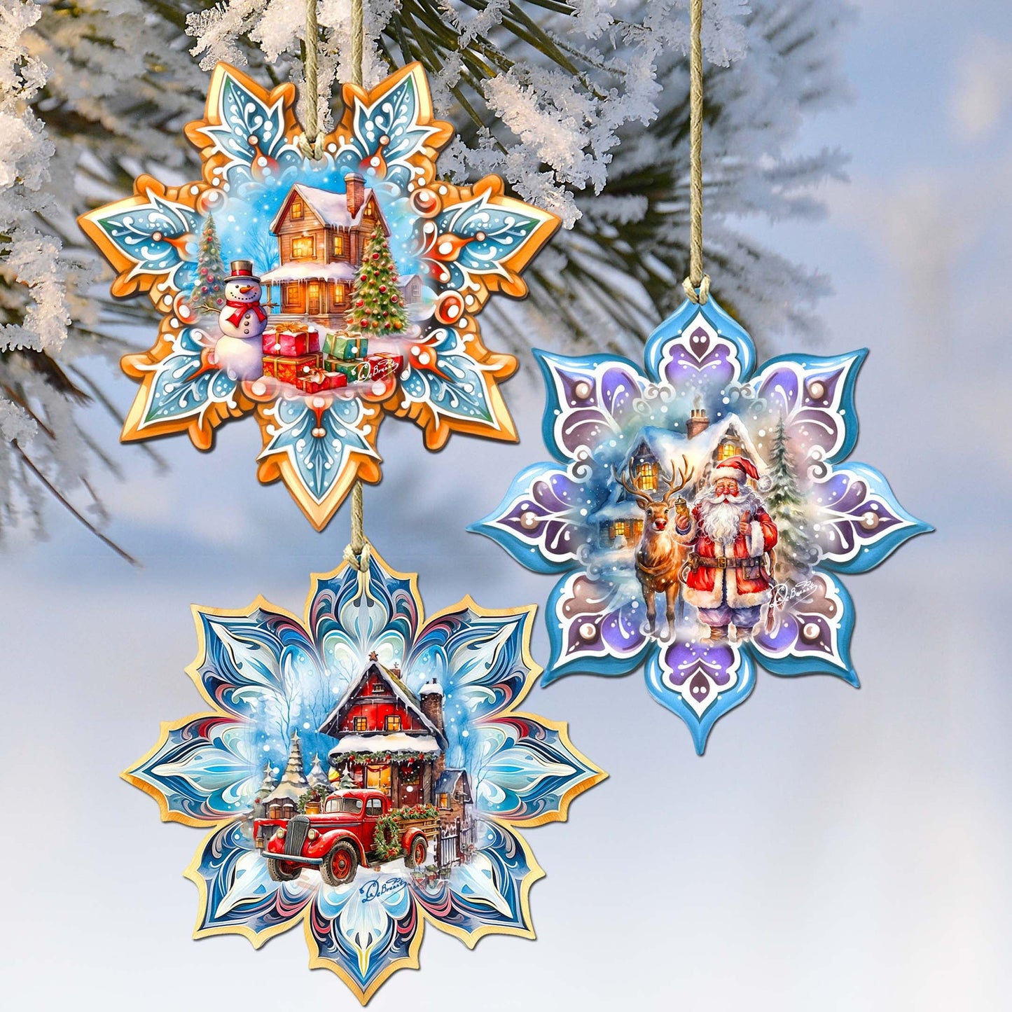 Christmas House Snowflake Wooden Ornaments Set of 3 by G. Debrekht - Christmas Decor - 8090142-S3